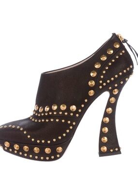 Miu Miu Black Leather Platform Studded Bootie with Gold Studs